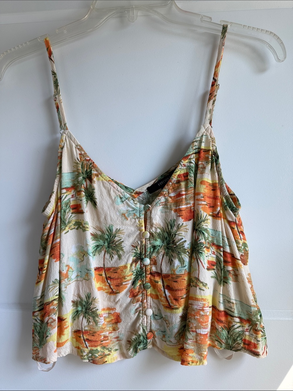 Forever 21 Cream Tropical Palm Button-Front Spaghetti Strap Crop Top